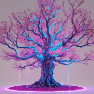 a full-body view of a vibrant, neon-lit, enchanted tree, named Mustard, with a mesmerizing vaporwave aesthetic, set against a plain white background, with glowing blue and pink accents, and a futuristic, dreamy atmosphere, in a wide shot, with the tree's roots and branches fully visible