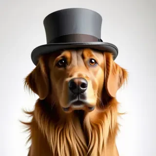 A golden retriever wearing a grey top hat