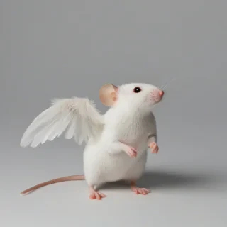 mouse with white bird wings, on a plain white background, even lighting 