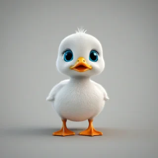 3D cartoon animation of a baby duck hybrid, bright and vivid colors, large eyes, short body, round features, tiny nose, tiny feet, cute, happy expression on its face, single animal on a plain white background, even lighting, on a plain white background, even lighting