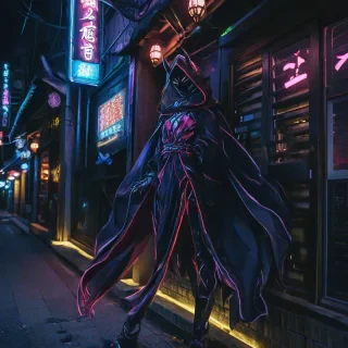 A mystical, iridescent demon in a couture-inspired, anime-style outfit, leaning against the exterior wall of a dimly lit bar with neon lights illuminating the dark night outside, in the style of traditional Japanese manga, with a focus on mystical and dark themes, avoiding revealing or suggestive attire, with the demon's body obscured by a flowing, hooded cloak and the focus on the mystical atmosphere and neon lights.