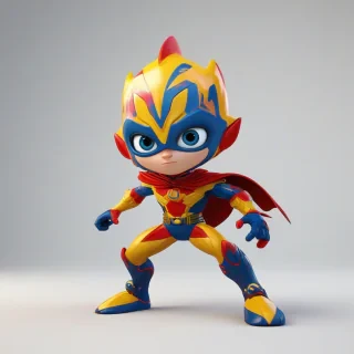 A full-body view of a cartoon 3D animation style superhero with a bold and vibrant color scheme, big eyes, rounded features,  dynamic pose, and exaggerated facial features, set against a plain white background, with a wide-angle shot and dramatic lighting, in the style of modern computer-generated imagery, on a plain white background, even lighting