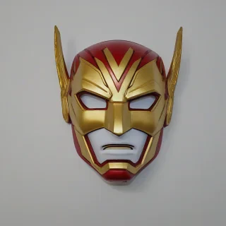 Kids toy Flash mask, vibrant red and gold coloring, no human in the image, on a plain white background, even lighting