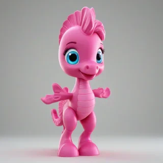 A cartoon style cute barbie pink colored baby sea horse with a smile, in 3D animation style, full-body view, with bright and vibrant colors, standing on a plain white background, with a wide-angle shot, and dynamic lighting, featuring a small, rounded body, large eyes, and a tiny nose, with a happy and playful expression, on a plain white background, even lighting, on a plain white background, even lighting 