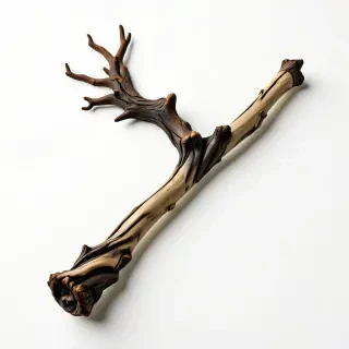 A wizards staff made of of old and gnarled wood