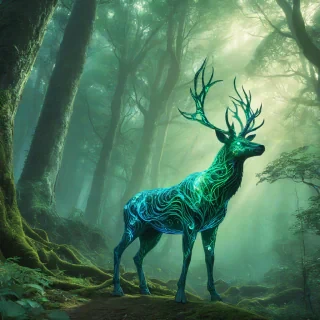A majestic, full-body view of a magical deer with a coat shimmering in shades of emerald green and sapphire blue, standing on a forest background, with intricate, glowing antlers that resemble twisted, ethereal vines, and eyes that burn with an inner, soft light, in a wide shot, with a sense of mysticism and wonder, in the style of a fantasy illustration, with bold lines and vibrant colors