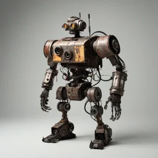 post apocalyptic style, robot made from scraps from a junk yard, on a plain white background, even lighting