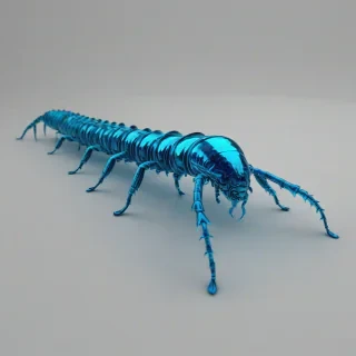 A full-body view of a neon blue centipede on a plain white background, with vibrant, glowing blue coloration and intricate details, in a wide shot with all legs visible, under a soft, diffused light with minimal shadows, in a digital art style with bold lines and textures, on a plain white background, even lighting 