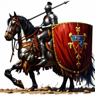 A full-view, highly detailed, medieval knight dressed in intricate chainmail armor, holding a jousting lance in one hand and the knight holding a shield with a coat of arms in the other hand , sitting atop a majestic horse, facing the same way as the horse, with a wide-angle shot, dynamic lighting, and a plain white background, in the style of digital illustration