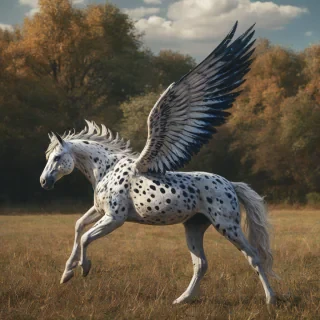 A full-body view of a majestic pegasus with a shiny black and white spotted coat and iridescent wings, set in a field, in a digital art style with vibrant colors and dynamic lighting, with the pegasus proudly standing with its wings spread wide