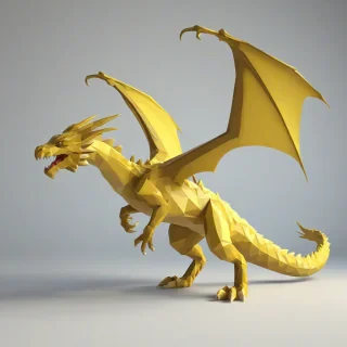 A low poly, mustard-colored dragon, with a full-body view, on a plain white background, in a wide shot, with a subtle backlight and dynamic shadows, in a digital art style, with clean lines and minimal textures