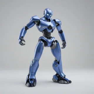 A futuristic robot with a periwinkle blue metallic body, standing in a wide shot with its feet visible, set against a plain white background, in the style of modernist architecture with clean lines and minimal ornamentation, with dynamic shadows and a soft, diffused light, full-body view