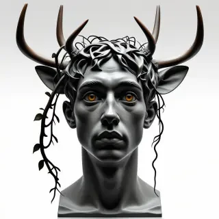 A statue bust of a young man with wide, emotionless eyes. He has deer antlers coming out of his temples and the antler are wrapped in vines that drape down into the air and onto the side of his face.