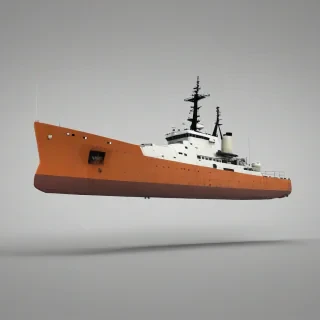 A large, orange, brutalist-style ship with a wide, flat hull and a series of geometric, block-like structures on its deck, set against a plain white background, in a wide shot with the entire ship visible, including the bow and stern, with a sense of ruggedness and industrialism, in a digital art style with clean lines and minimal textures, on a plain white background, even lighting 