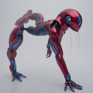 A futuristic, high-tech, ruby-red colored, cyberpunk themed, underwater creature, with metallic scales, neon blue accents, and glowing red eyes, in a full-body view, with feet visible, on a plain white background, in a wide shot, with a sense of dynamic movement, and a hint of misty water effects, on a plain white background, even lighting 