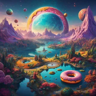 A colorful, vibrant, and detailed full-body view of a donut-themed planet, with donut-shaped mountains, lakes, and trees, in a whimsical and fantastical digital art style, with dynamic shadows and soft lighting