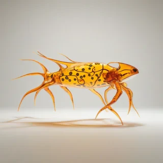 A full-body view of an underwater creature, Amber, in a modernist style, with a sleek and geometric shape, vibrant orange and yellow hues, and abstract patterns, set against a plain white background, with dynamic shadows and soft lighting, in a wide-angle shot, on a plain white background, even lighting 