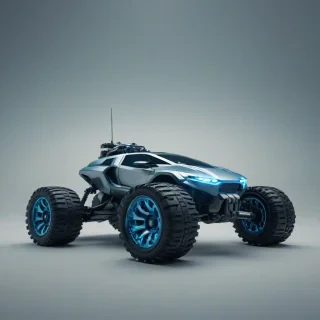 A futuristic rover with a metallic body and six wheels, set against a plain white background, in a dark fantasy style with muted colors and dramatic shadows, with a dominant sky blue hue, in a full-body view with all wheels visible, with a wide-angle shot and a slight low-angle perspective to convey a sense of power and exploration