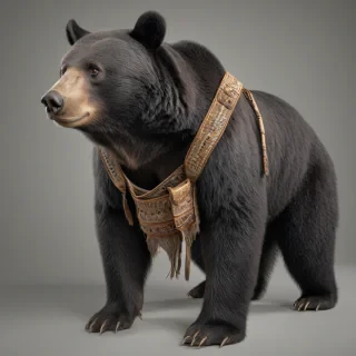 A hyper-realistic black bear wearing a bandolier, full-body view, only a single bear, standing on a plain white background, with intricate details on the bear's fur and the bandolier, warm lighting, high level of texture and realism, 8k resolution, on a plain white background, even lighting, on a plain white background, even lighting 