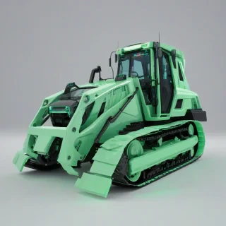 A futuristic bulldozer with mint green accents and neon lights, set against a plain white background, in the style of Afrofuturism, with a wide shot and the entire vehicle visible, including the tracks and cab, with a sense of dynamic movement and energy, as if it's in the process of constructing a new cityscape, with sleek lines and geometric shapes, and a vibrant, otherworldly glow