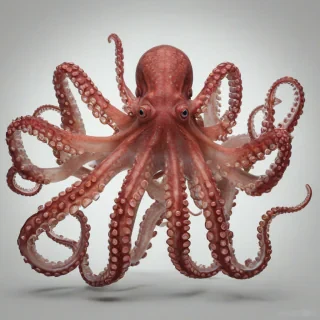A red webfoot octopus, full-body view, on a plain white background, with eight distinct arms and suckers, in a wide shot, with vibrant red coloration and detailed texture, in a digital art style with subtle shading and lighting, on a plain white background, even lighting 