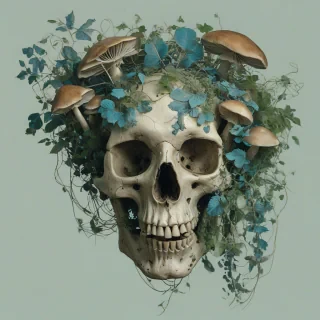 A worn, antique, old, vertically bisected skull overgrown with lush vines and vibrant mushrooms, a faded, worn, and peeling texture softly illuminated by a gentle blue light, set against a plain white background.