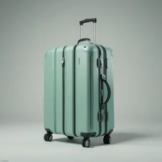 A hardsided suitcase in seafoam green color, with a full-body view, on a plain white background, in a wide shot, with the suitcase's wheels and handle visible, and a subtle sheen to the surface, in a digital art style with clean lines and minimal shading, on a plain white background, even lighting 