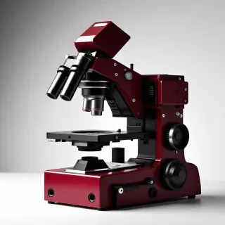 A detailed, futuristic, maroon-colored microscope, a key piece of scientific equipment in a biopunk laboratory setting, with a wide shot and full-body view of the device, set against a plain white background, with dynamic shadows and a hard rim light, in a digital art style with a mix of realistic and stylized elements