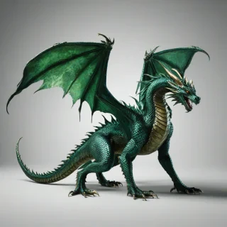 A majestic, Emerald green dragon with grunge-inspired, metallic scales, standing in a powerful pose, full-body view, on a plain white background, with a wide-angle shot, and dramatic, dynamic shadows, in a digital art style