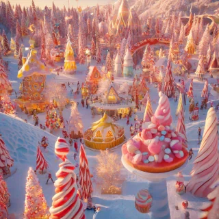 A vibrant, full-body view of a fantastical ice cream world, with rolling hills of colorful ice cream, towering ice cream cones, and sparkling candy cane trees, with a wide-angle shot and soft, warm lighting