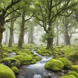 Magical fairy land, big trees, moss, stream, colorful fairies flying, lightning bugs flying, wide shot, plain white background