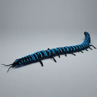 A neon blue and black centipede, full-body view, on a plain white background, with vibrant neon blue accents and a sleek black body, in a wide shot, with all legs visible, in a digital art style