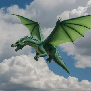 Large green dragon flying through the blue sky with white fluffy clouds in the sky