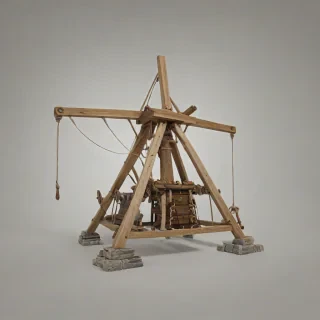 D & D style trebuchet, made out of stone and wood, on a plain white background, even lighting