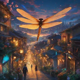 Gigantic bioluminescent dragonfly, mid-wing flap, soars over vibrant anime city, golden hour, people look up, one offers flower, Marc Simonetti style