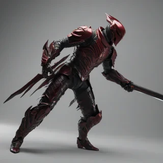 A full-body view of a piece of crimson armor, with a noir style aesthetic, in a wide-angle shot, with bright lighting and no shadows, on a plain white background, with intricate details and textures, and a sense of depth and dimensionality
