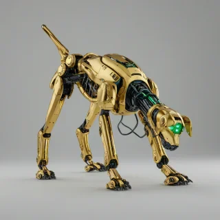 A gold robotic dog, full-body view, sci-fi style, on a plain white background, with a green tint