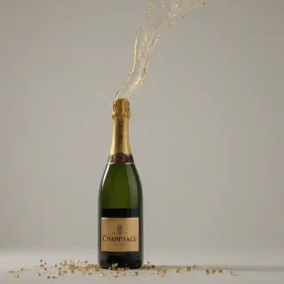A bottle of champagne with the cork popped, champagne flowing out of the top, in a wide shot, full-body view, on a plain white background, with a warm, golden light, in a realistic and detailed style, with the bottle and champagne as the main focus, on a plain white background, even lighting 