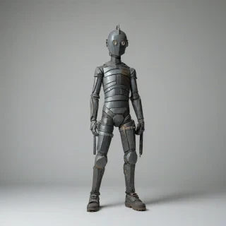 Slate person, industrial style, full-body view, on a plain white background, on a plain white background, even lighting 