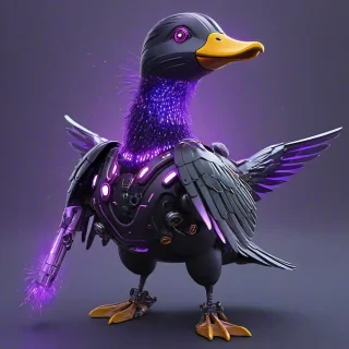 A cybernetic duck with purple feather and neon purple lights on its wings that are outstretched and it has laser eyes and a laser gun on its back