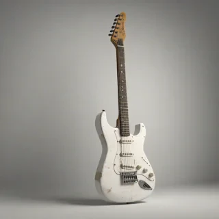 A white electric guitar with a grunge design, full-body view, on a plain white background, with a wide shot and dynamic shadows, in the style of a digital illustration
