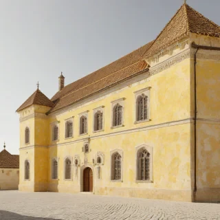 A medieval building, with a mustard yellow stone exterior, set against a plain white background, in a wide shot with the entire building visible, with a bright and sunny sky, and a sense of grandeur, in the style of a digital illustration, with bold lines and vibrant colors, and with a sense of depth and texture, on a plain white background, even lighting 