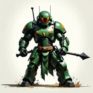 Doom guy, a space marine in a green armor, wielding a long polearm halberd weapon, with a determined expression, in a full-body view, on a plain white background, with a wide shot, in a digital art style, with bold lines and vibrant colors