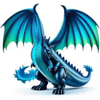A full-body view of a colorful anime-style dragon, with vibrant blue and green scales, standing on a plain white background, in a wide shot, with its wings spread wide and its claws visible, in a digital art style with bold lines and dynamic shading, with a bright backlight and dynamic shadows