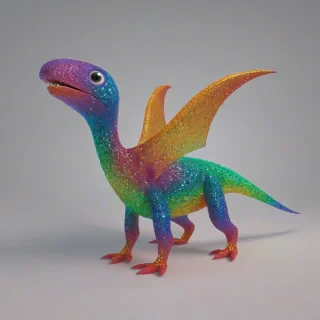 cartoon animation style, lovable, cute, brightly colored pterodactyl, short body, rounded features, sweet expression on its face, and a sparkly aura, bright lighting, on a plain white background, even lighting