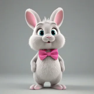 A pastel-colored, cartoon rabbit with big, shiny eyes and a fluffy tail, wearing a bright pink bow tie, standing on a white background, in a full-body view, with its feet visible, in a 3D animated style, with soft lighting and dynamic shadows, on a plain white background, even lighting