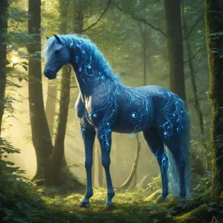 A full-body view of a glowing blue magical horse with vines for a mane and tail, standing in the middle of a dense, vibrant forest with tall trees and lush green foliage, with soft, warm lighting and a sense of serenity, in a fantasy, dreamlike illustration style