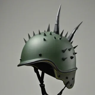 matte army green colored half-shelled helmet, black spikes on top of the helmet, on a plain white background, even lighting