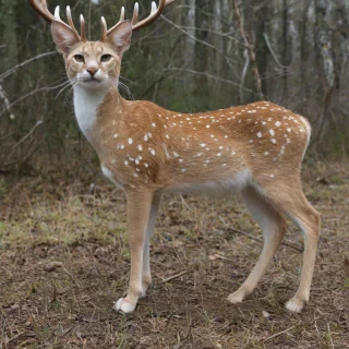 Light brown cat with deer antlers, large deer ears, fur, whiskers, full body, longer legs, white speckled spots, black nose
