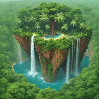 Flat art of a floating island of a rainforest with a tall waterfall